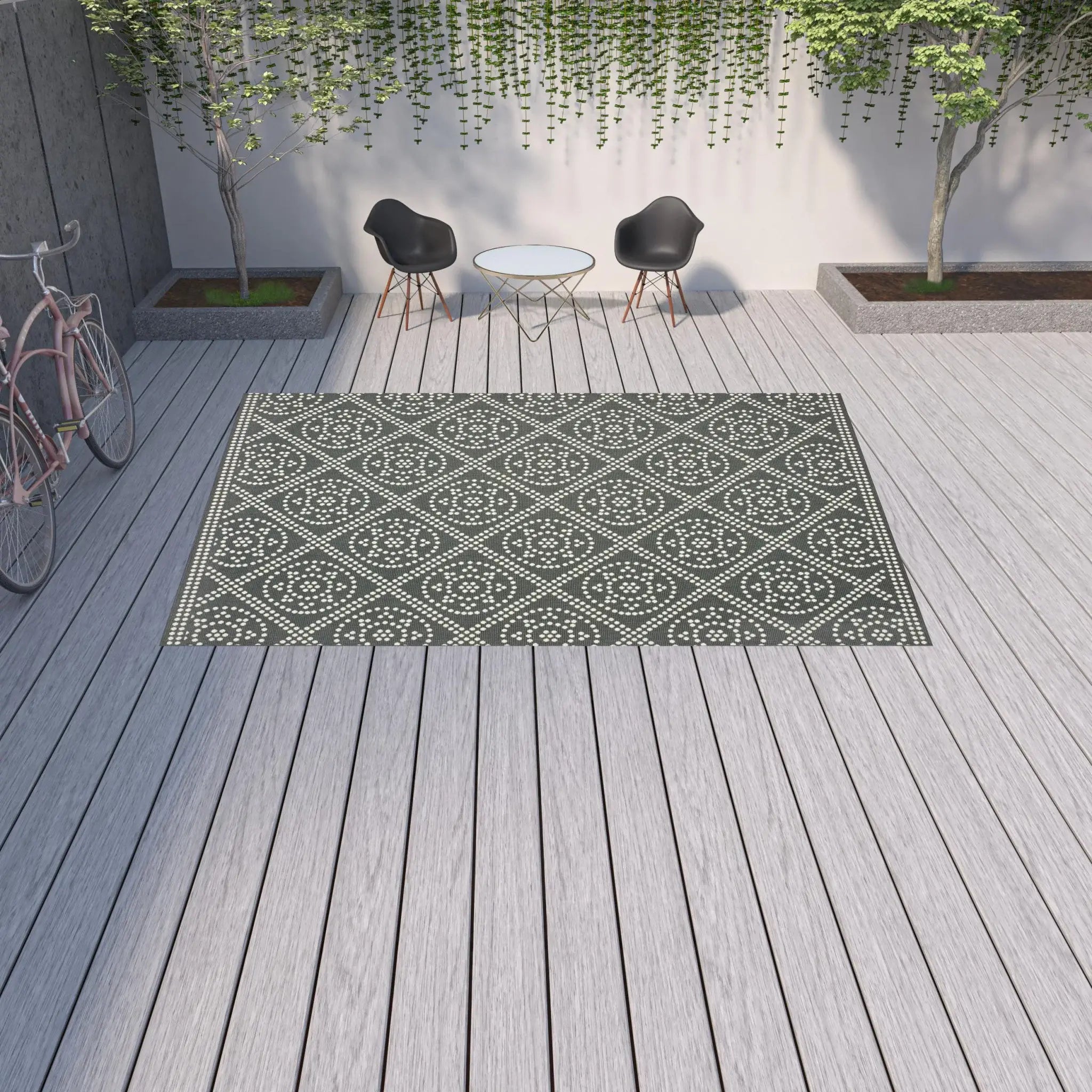 9' X 13' Gray and Ivory Geometric Stain Resistant Indoor Outdoor Area Rug - Homeroots - Flyclothing LLC