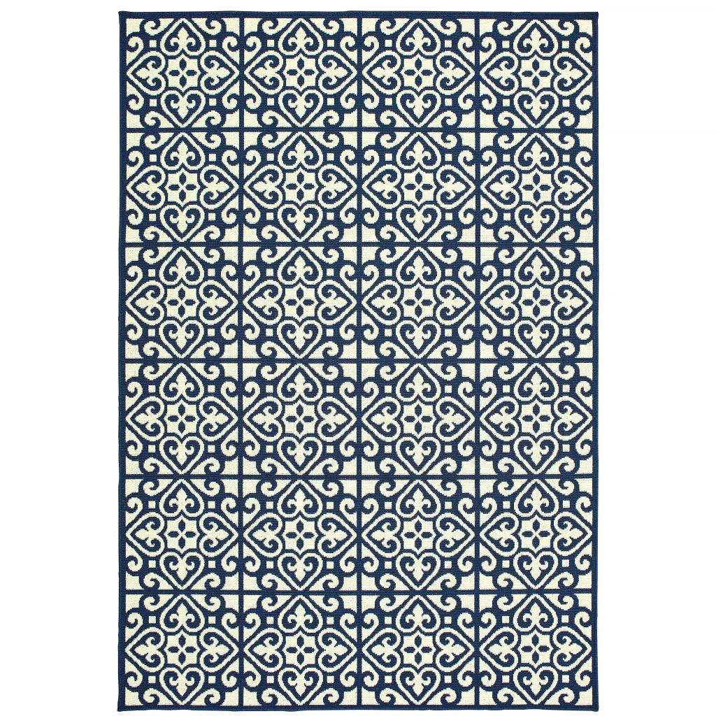 2' X 4' Ivory and Blue Geometric Stain Resistant Indoor Outdoor Area Rug - Homeroots - Flyclothing LLC
