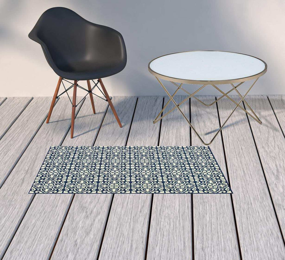 2' X 4' Ivory and Blue Geometric Stain Resistant Indoor Outdoor Area Rug - Homeroots - Flyclothing LLC