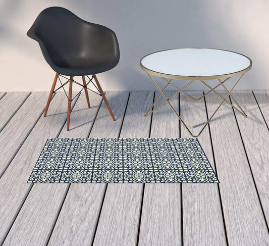 2' X 4' Ivory and Blue Geometric Stain Resistant Indoor Outdoor Area Rug - Homeroots - Flyclothing LLC