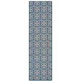 2' X 8' Ivory and Blue Geometric Stain Resistant Indoor Outdoor Area Rug
