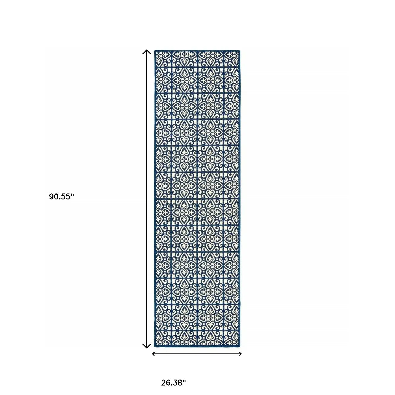 2' X 8' Ivory and Blue Geometric Stain Resistant Indoor Outdoor Area Rug - Homeroots - Flyclothing LLC