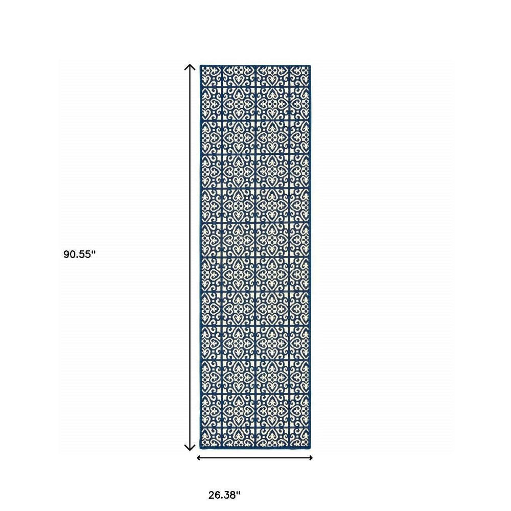 2' X 8' Ivory and Blue Geometric Stain Resistant Indoor Outdoor Area Rug - Homeroots - Flyclothing LLC
