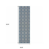 2' X 8' Ivory and Blue Geometric Stain Resistant Indoor Outdoor Area Rug - Homeroots