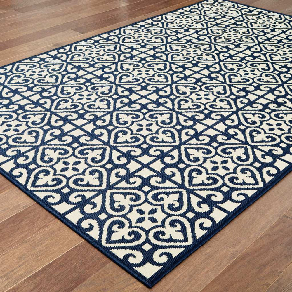 2' X 4' Ivory and Blue Geometric Stain Resistant Indoor Outdoor Area Rug - Homeroots - Flyclothing LLC