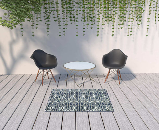 4' X 6' Ivory and Blue Geometric Stain Resistant Indoor Outdoor Area Rug - Homeroots - Flyclothing LLC
