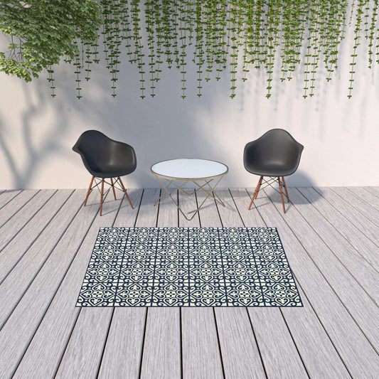 5' X 8' Ivory and Blue Geometric Stain Resistant Indoor Outdoor Area Rug - Homeroots - Flyclothing LLC