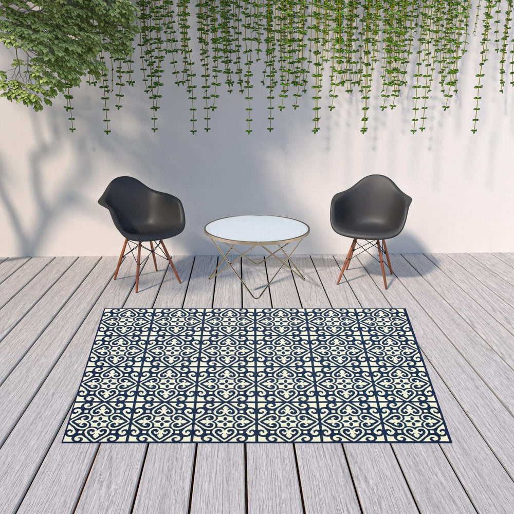 7' X 10' Ivory and Blue Geometric Stain Resistant Indoor Outdoor Area Rug - Homeroots - Flyclothing LLC