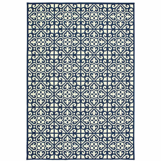 8' X 11' Ivory and Blue Geometric Stain Resistant Indoor Outdoor Area Rug - Homeroots - Flyclothing LLC