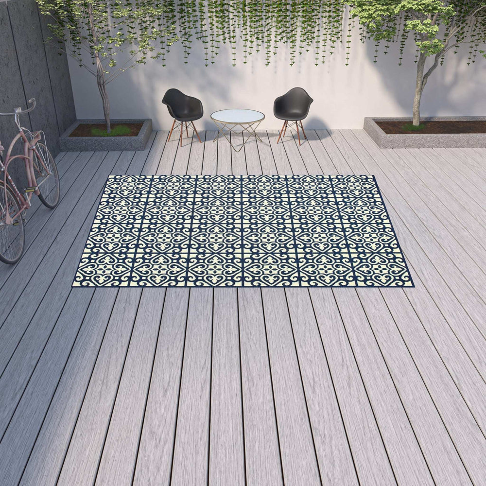 9' X 13' Ivory and Blue Geometric Stain Resistant Indoor Outdoor Area Rug - Homeroots - Flyclothing LLC