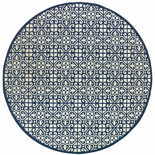 8' X 8' Ivory and Blue Round Geometric Stain Resistant Indoor Outdoor Area Rug - Homeroots - Flyclothing LLC