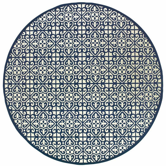 8' X 8' Ivory and Blue Round Geometric Stain Resistant Indoor Outdoor Area Rug - Homeroots - Flyclothing LLC