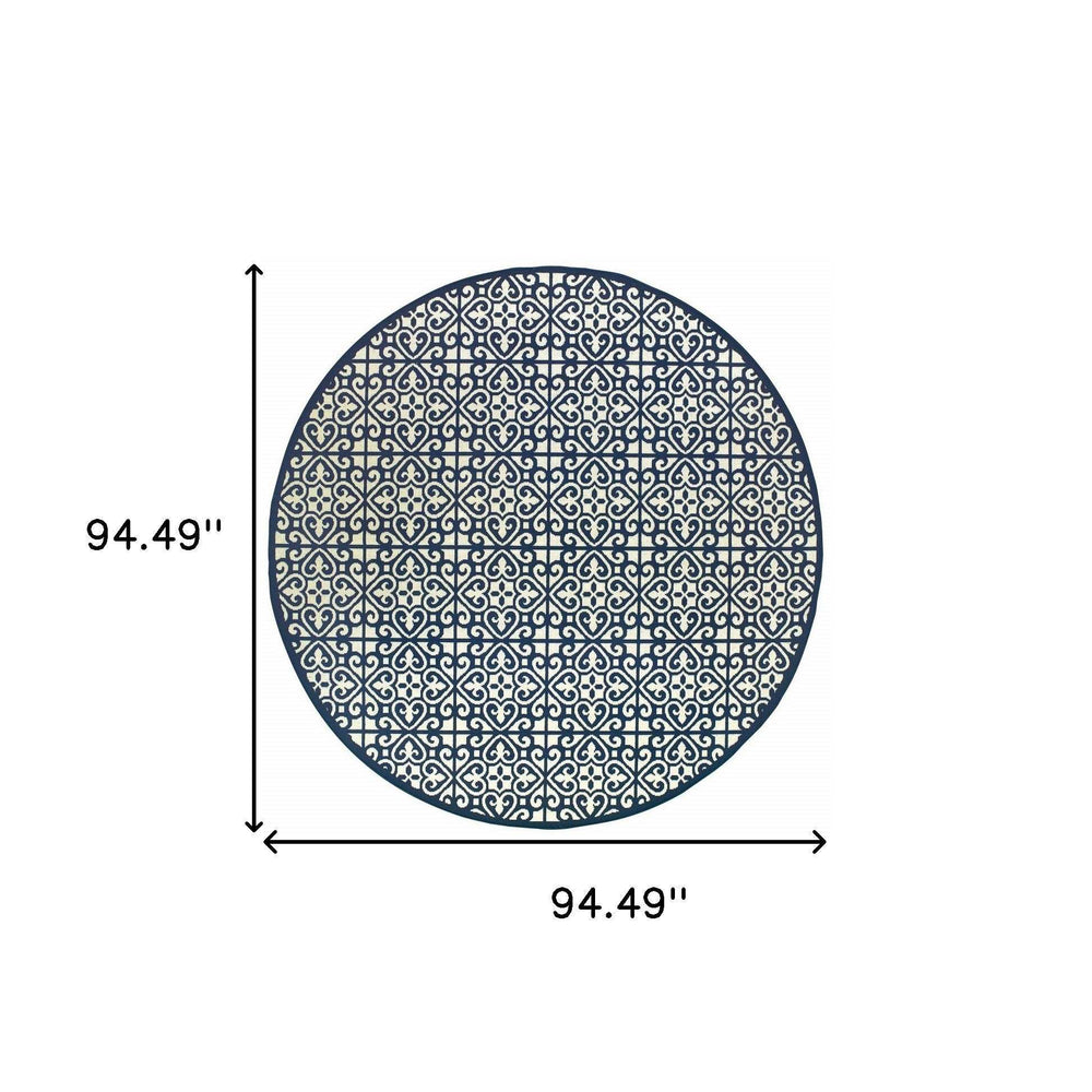8' X 8' Ivory and Blue Round Geometric Stain Resistant Indoor Outdoor Area Rug - Homeroots - Flyclothing LLC