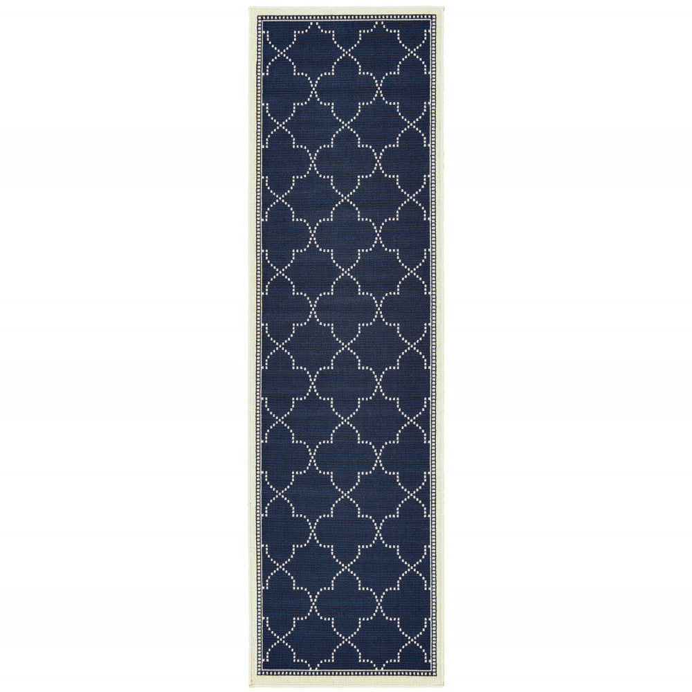 2' X 8' Blue and Ivory Geometric Stain Resistant Indoor Outdoor Area Rug