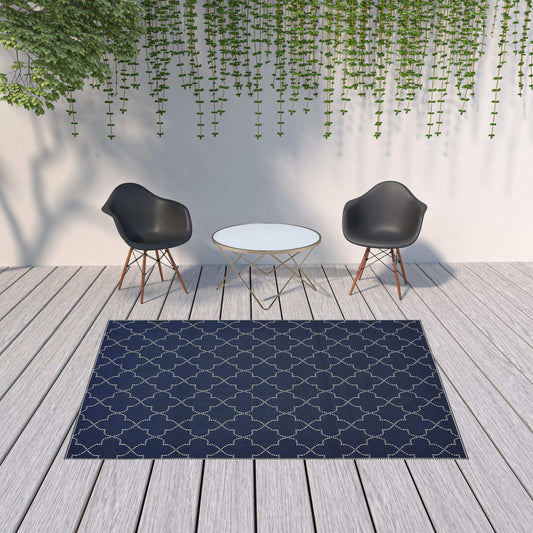 7' X 10' Blue and Ivory Geometric Stain Resistant Indoor Outdoor Area Rug - Homeroots - Flyclothing LLC