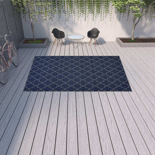 9' X 13' Blue and Ivory Geometric Stain Resistant Indoor Outdoor Area Rug - Homeroots - Flyclothing LLC