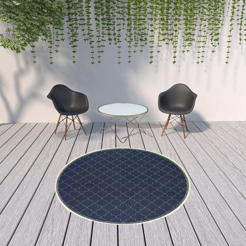 8' X 8' Blue and Ivory Round Geometric Stain Resistant Indoor Outdoor Area Rug - Homeroots - Flyclothing LLC