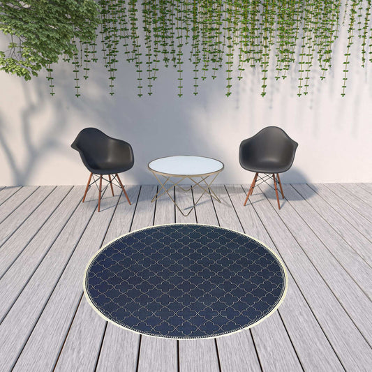 8' X 8' Blue and Ivory Round Geometric Stain Resistant Indoor Outdoor Area Rug - Homeroots - Flyclothing LLC