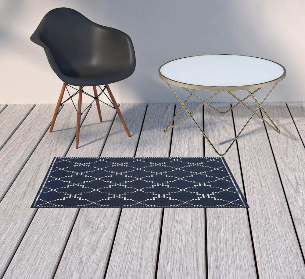 2' X 4' Blue and Ivory Geometric Stain Resistant Indoor Outdoor Area Rug - Homeroots - Flyclothing LLC