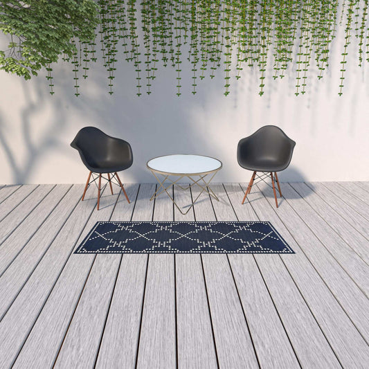 2' X 8' Blue and Ivory Geometric Stain Resistant Indoor Outdoor Area Rug - Homeroots - Flyclothing LLC