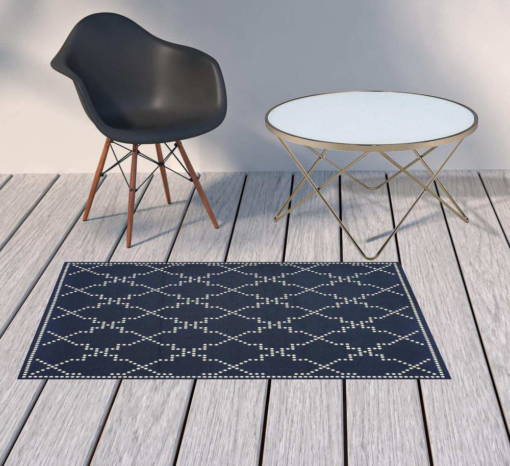 2' X 4' Blue and Ivory Geometric Stain Resistant Indoor Outdoor Area Rug - Homeroots - Flyclothing LLC