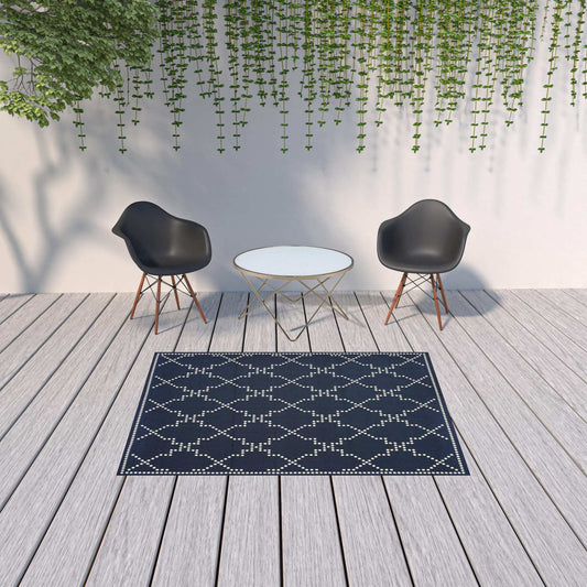5' X 8' Blue and Ivory Geometric Stain Resistant Indoor Outdoor Area Rug - Homeroots - Flyclothing LLC