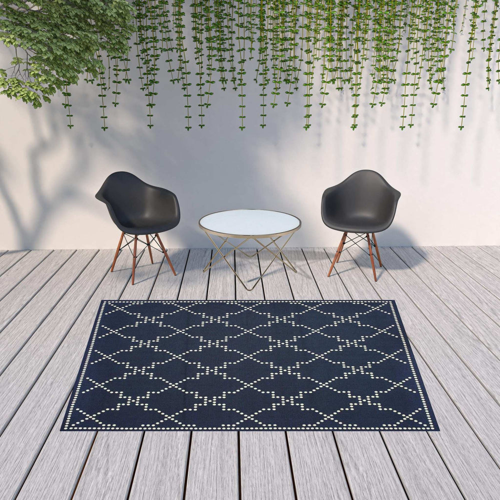 7' X 10' Blue and Ivory Geometric Stain Resistant Indoor Outdoor Area Rug - Homeroots - Flyclothing LLC