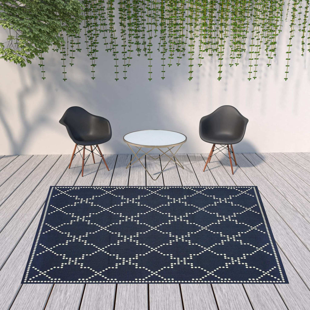 8' X 11' Blue and Ivory Geometric Stain Resistant Indoor Outdoor Area Rug - Homeroots - Flyclothing LLC