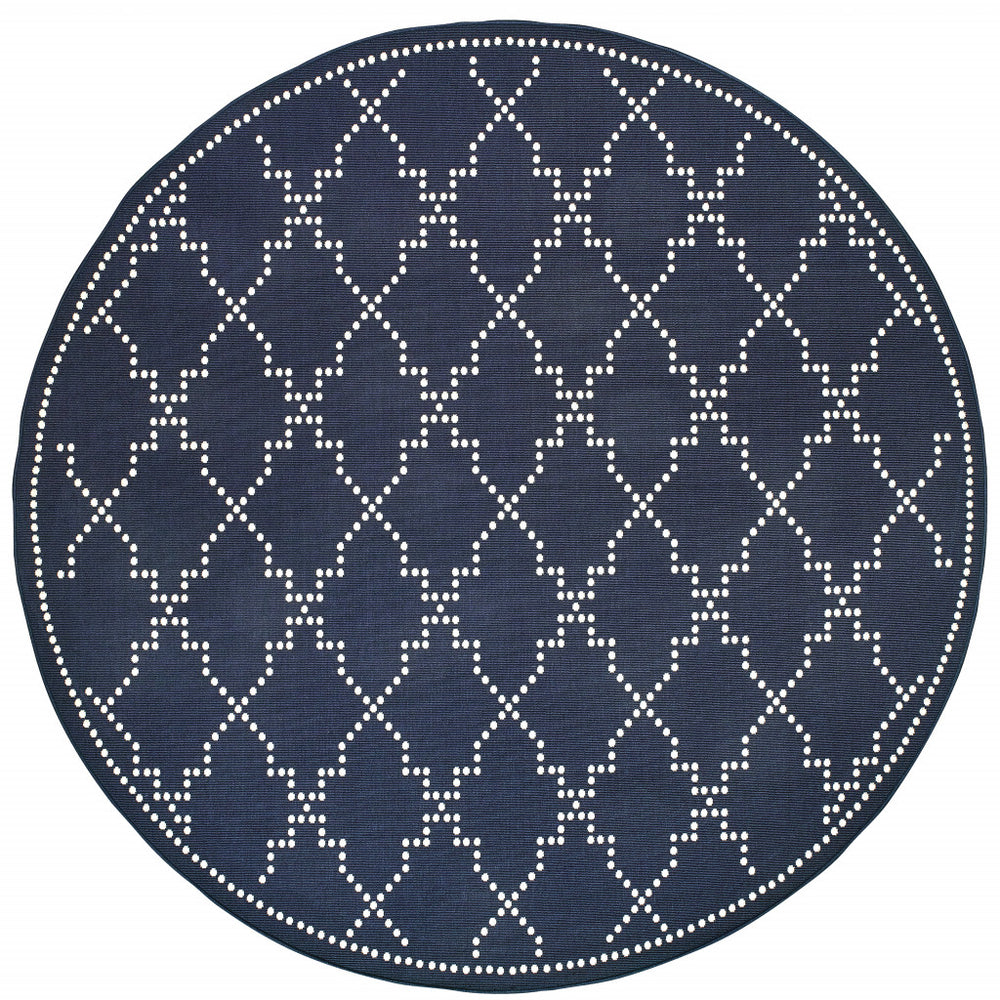 8' X 8' Blue and Ivory Round Geometric Stain Resistant Indoor Outdoor Area Rug - Homeroots