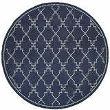 8' X 8' Blue and Ivory Round Geometric Stain Resistant Indoor Outdoor Area Rug - Homeroots