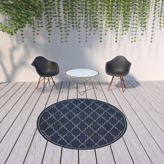 8' X 8' Blue and Ivory Round Geometric Stain Resistant Indoor Outdoor Area Rug - Homeroots - Flyclothing LLC