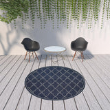 8' X 8' Blue and Ivory Round Geometric Stain Resistant Indoor Outdoor Area Rug - Homeroots