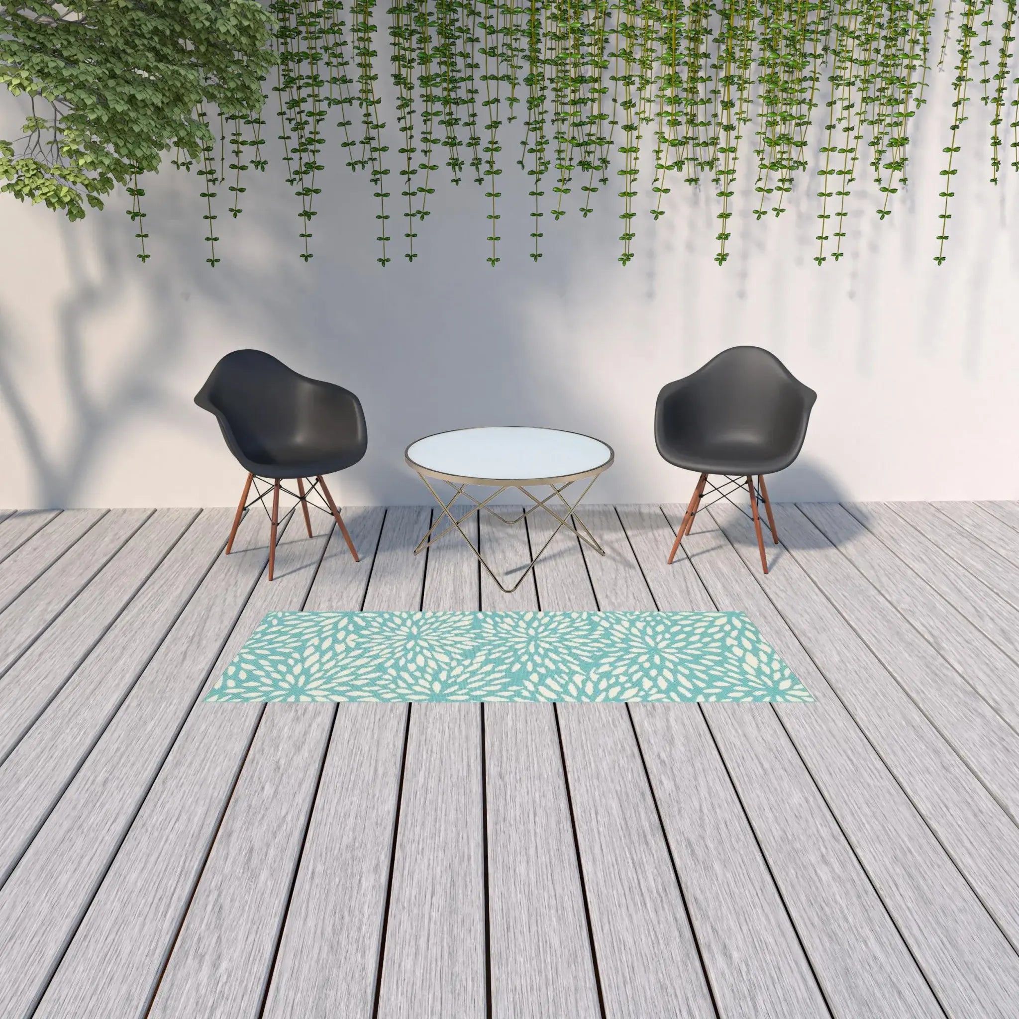 2' X 8' Blue and Ivory Floral Stain Resistant Indoor Outdoor Area Rug - Homeroots - Flyclothing LLC