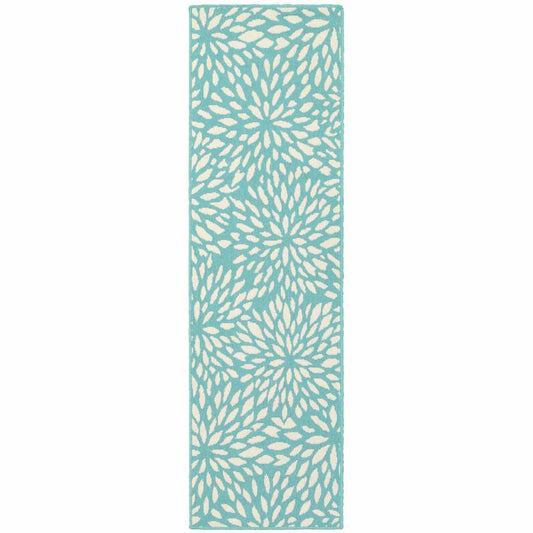 2' X 8' Blue and Ivory Floral Stain Resistant Indoor Outdoor Area Rug - Homeroots - Flyclothing LLC