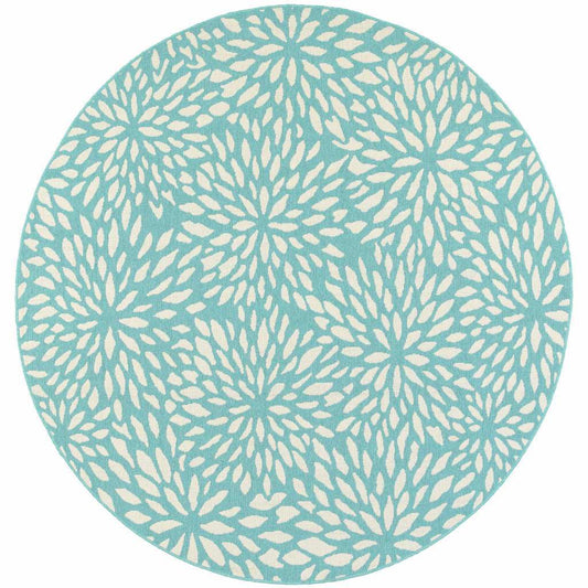 8' X 8' Blue and Ivory Round Floral Stain Resistant Indoor Outdoor Area Rug - Homeroots - Flyclothing LLC