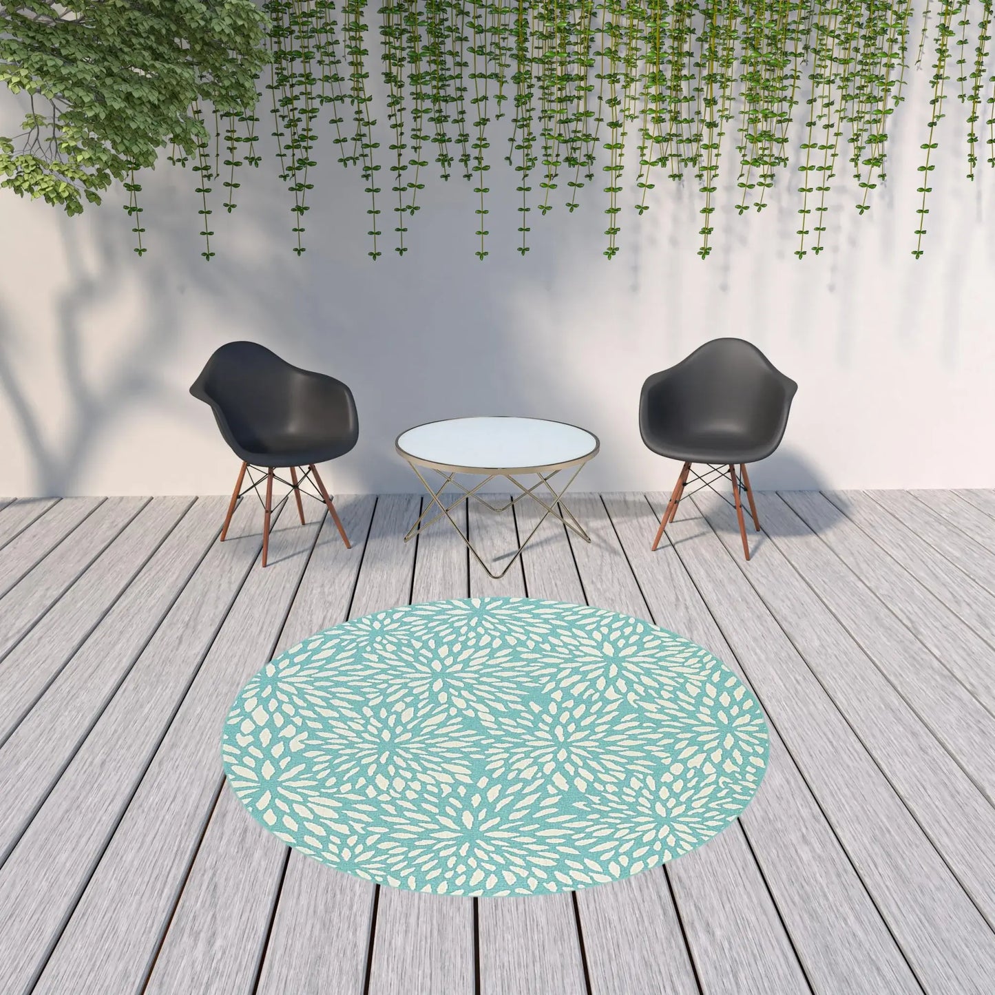 8' X 8' Blue and Ivory Round Floral Stain Resistant Indoor Outdoor Area Rug - Homeroots - Flyclothing LLC