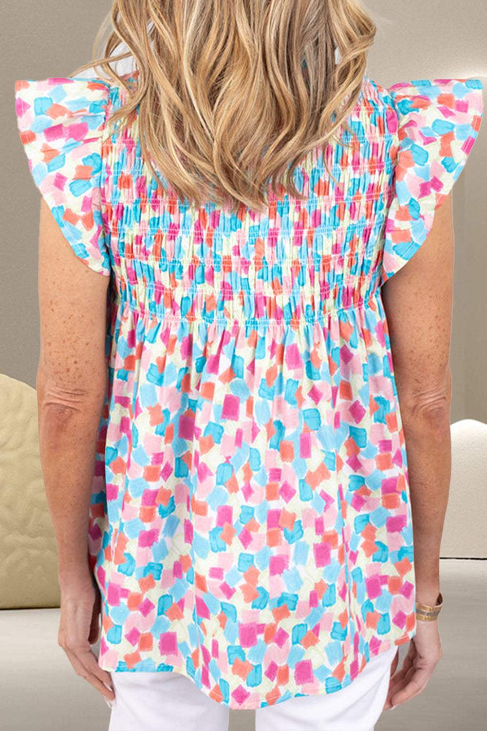 Ruffled Printed Notched Cap Sleeve Blouse - Trendsi - Flyclothing LLC
