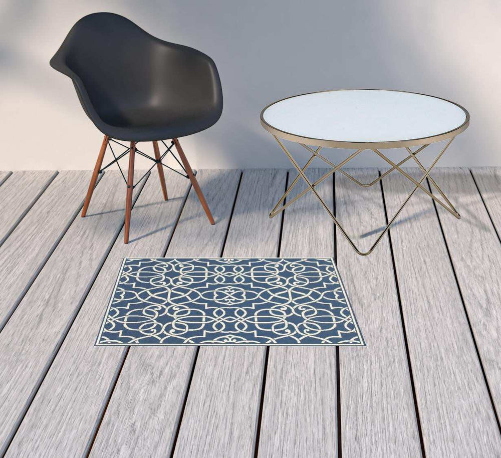 2' X 3' Blue and Ivory Geometric Stain Resistant Indoor Outdoor Area Rug - Homeroots - Flyclothing LLC