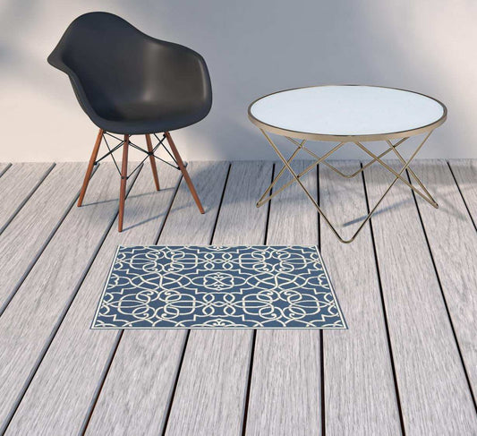 2' X 3' Blue and Ivory Geometric Stain Resistant Indoor Outdoor Area Rug - Homeroots - Flyclothing LLC