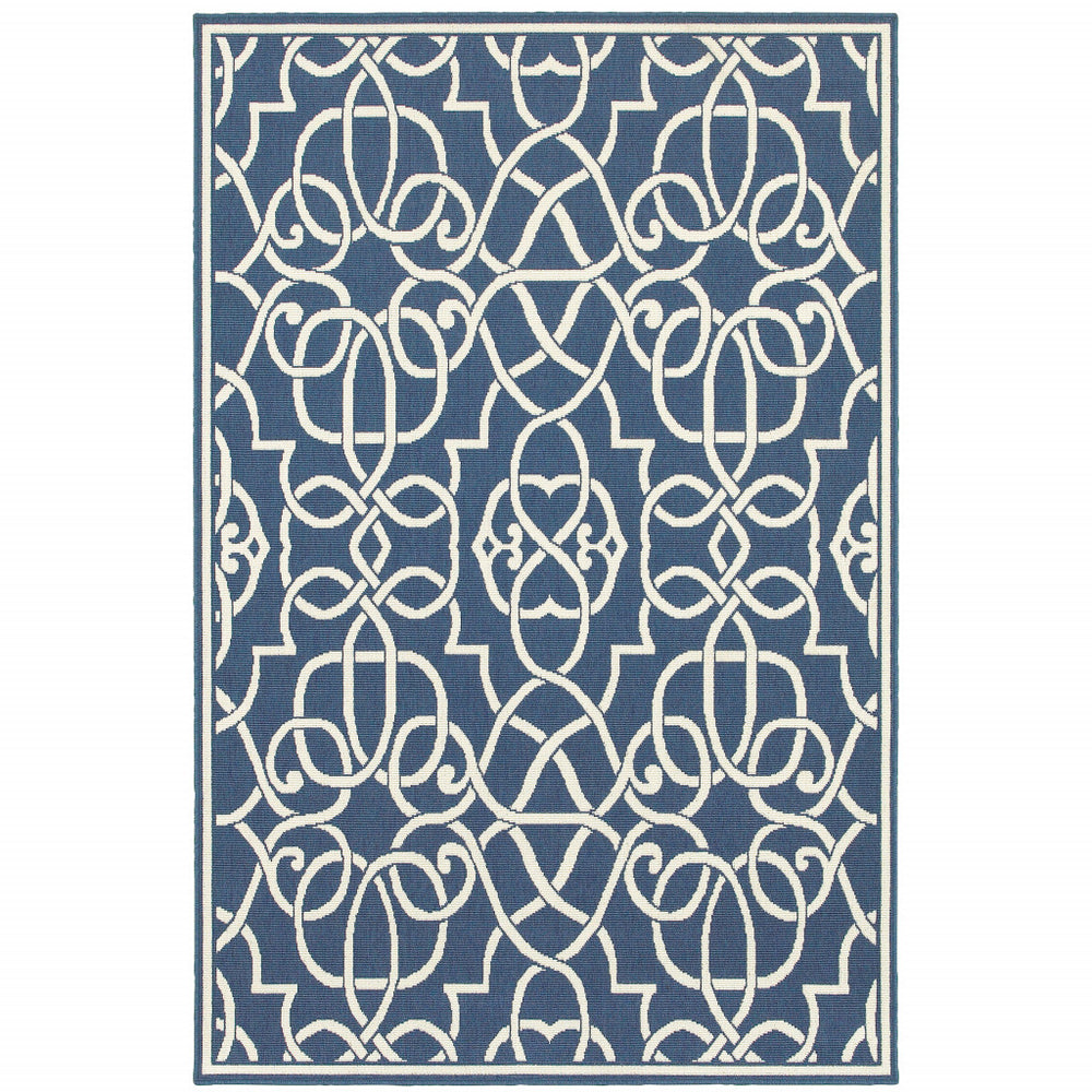 2' X 3' Blue and Ivory Geometric Stain Resistant Indoor Outdoor Area Rug