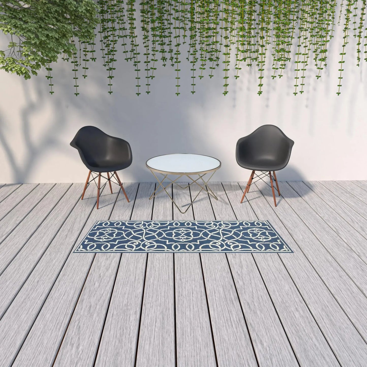 2' X 8' Blue and Ivory Geometric Stain Resistant Indoor Outdoor Area Rug - Homeroots - Flyclothing LLC