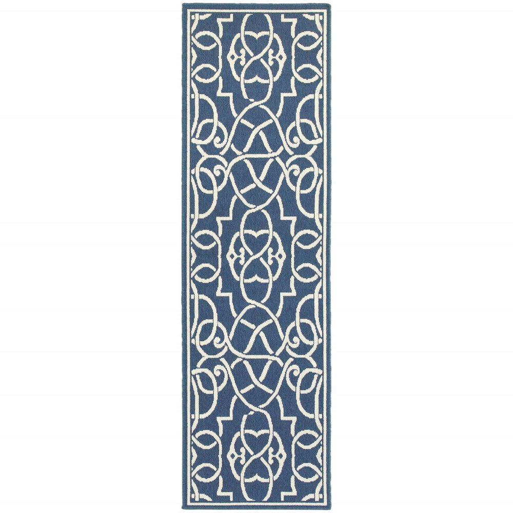 2' X 8' Blue and Ivory Geometric Stain Resistant Indoor Outdoor Area Rug - Homeroots