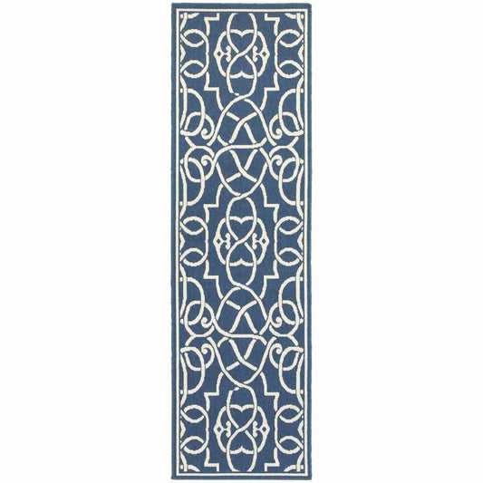 2' X 8' Blue and Ivory Geometric Stain Resistant Indoor Outdoor Area Rug - Homeroots - Flyclothing LLC