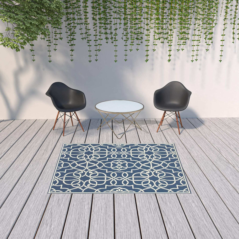 5' X 8' Blue and Ivory Geometric Stain Resistant Indoor Outdoor Area Rug - Homeroots - Flyclothing LLC