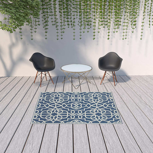 5' X 8' Blue and Ivory Geometric Stain Resistant Indoor Outdoor Area Rug - Homeroots - Flyclothing LLC