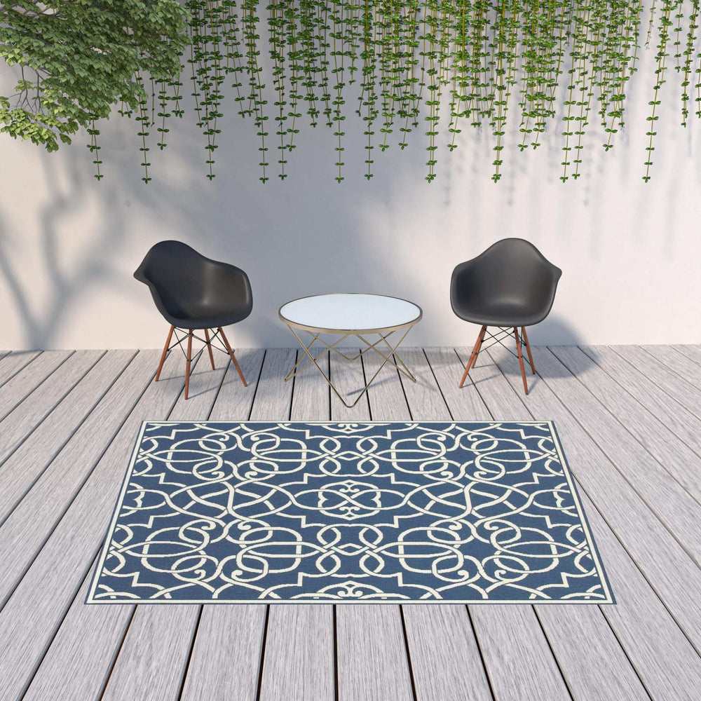 7' X 10' Blue and Ivory Geometric Stain Resistant Indoor Outdoor Area Rug - Homeroots - Flyclothing LLC