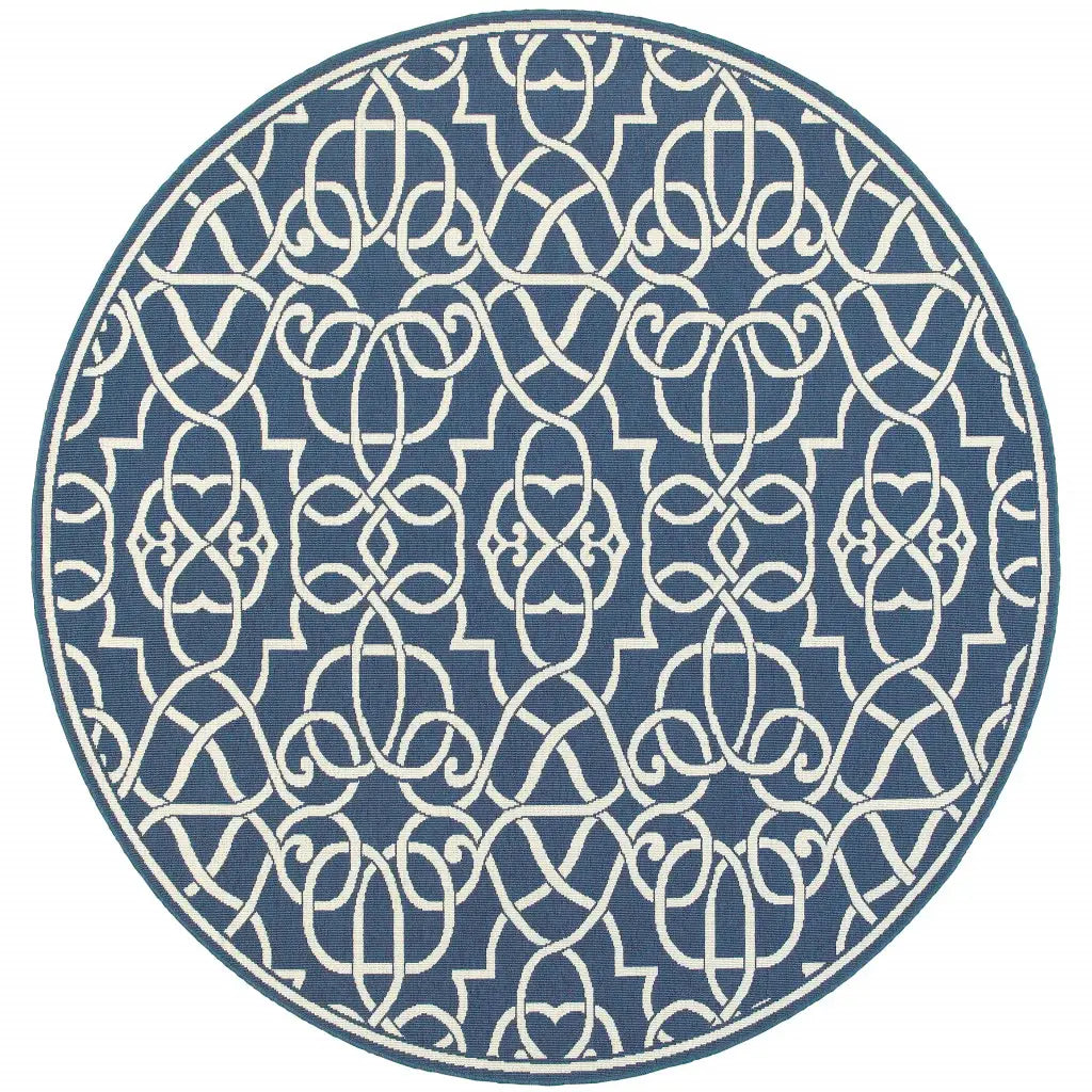 8' X 8' Blue and Ivory Round Geometric Stain Resistant Indoor Outdoor Area Rug - Homeroots - Flyclothing LLC