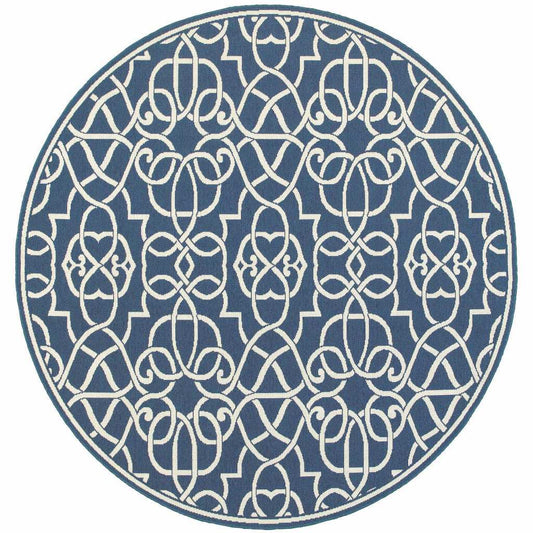 8' X 8' Blue and Ivory Round Geometric Stain Resistant Indoor Outdoor Area Rug - Homeroots - Flyclothing LLC