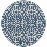 8' X 8' Blue and Ivory Round Geometric Stain Resistant Indoor Outdoor Area Rug