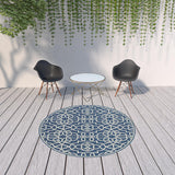 8' X 8' Blue and Ivory Round Geometric Stain Resistant Indoor Outdoor Area Rug - Homeroots